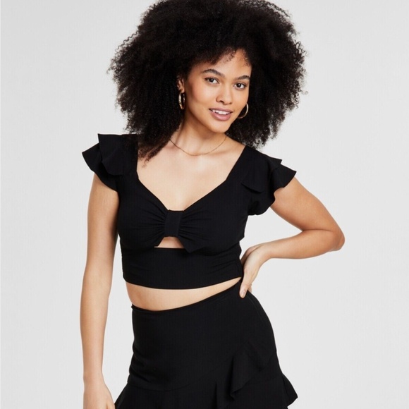 BAR III Island Breeze Black Ruffle Crop Top US 6 - Picture 2 of 2